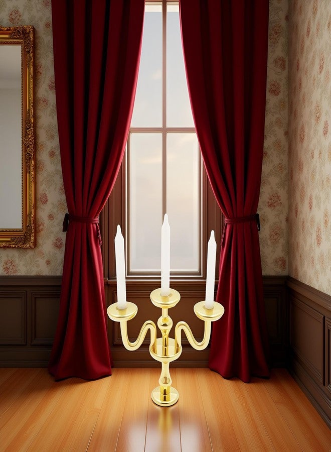 Jizlan Gold 1/12 Miniature Candlestick Candelabra with Candles Dollhouse Accessories, 3-arms - Image 3